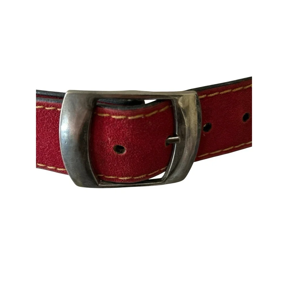Vtg RED Contrast Stitch Belt Sculptural Buckle Size 34 Heritage 70's Americana